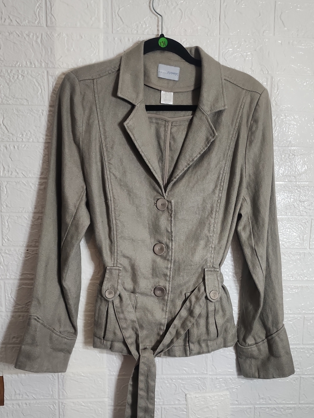 Tailored Light Olive Women’s Buttoned Suit Jacket with Waist Tie